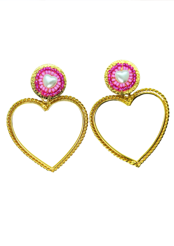 Aretes Corazon rosa Eterno, Bronce con baño de oro 24k