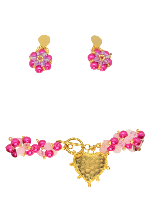 Set Corazon Fucsia A Lila, Bronce con baño de oro 24K