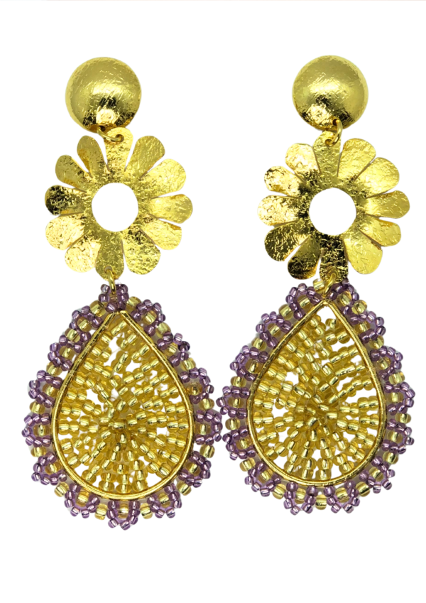 Aretes Flor Tulipan Brillante, Bronce con baño de oro 24k