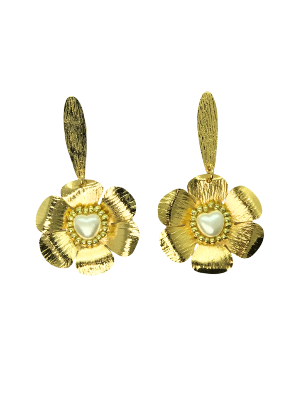 Aretes Corazón Floral, En Bronce con recubrimientro de oro 24k