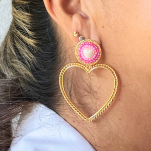 Aretes Corazon rosa Eterno, Bronce con baño de oro 24k