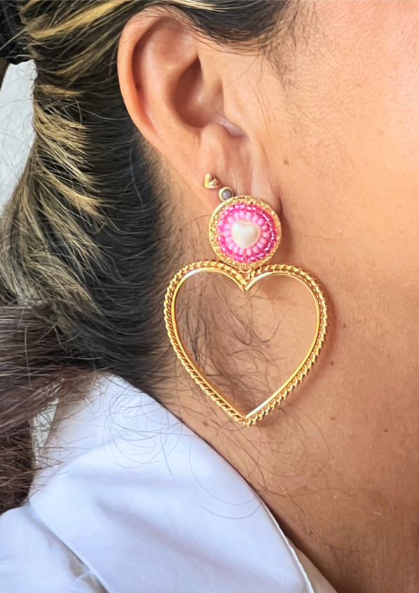 Aretes Corazon rosa Eterno, Bronce con baño de oro 24k